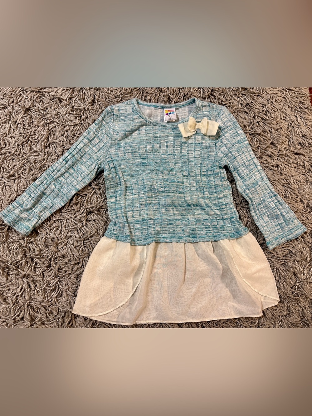 healthtex Teal Knit Long Sleeve Top with Cream Bow & Overlay
